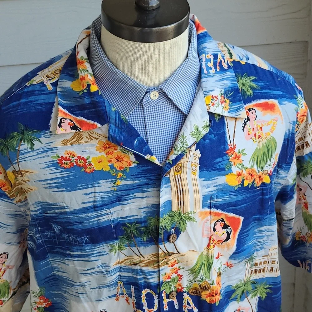 POLO RALPH LAUREN Vintage Camp Blue‎ Aloha Beach XL Short Sleeve Hawaiian Shirt